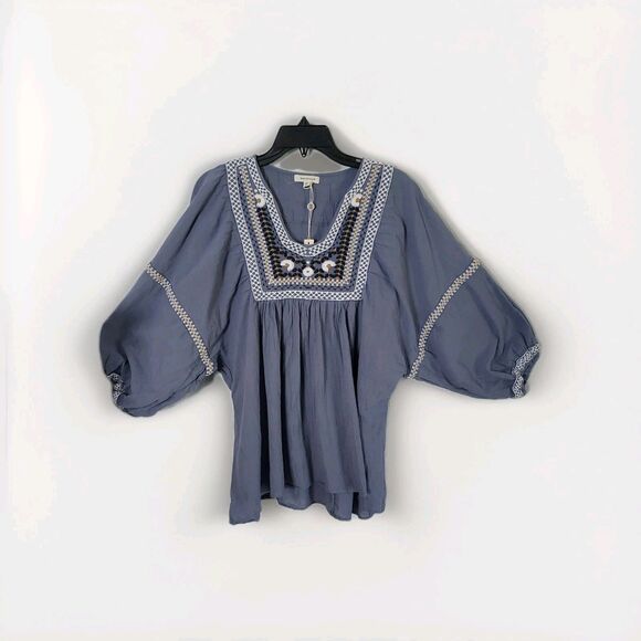 Max Studio Tops - Max Studio Women's Blue Embroidered Blouse Size Large Boho Peasant NEW